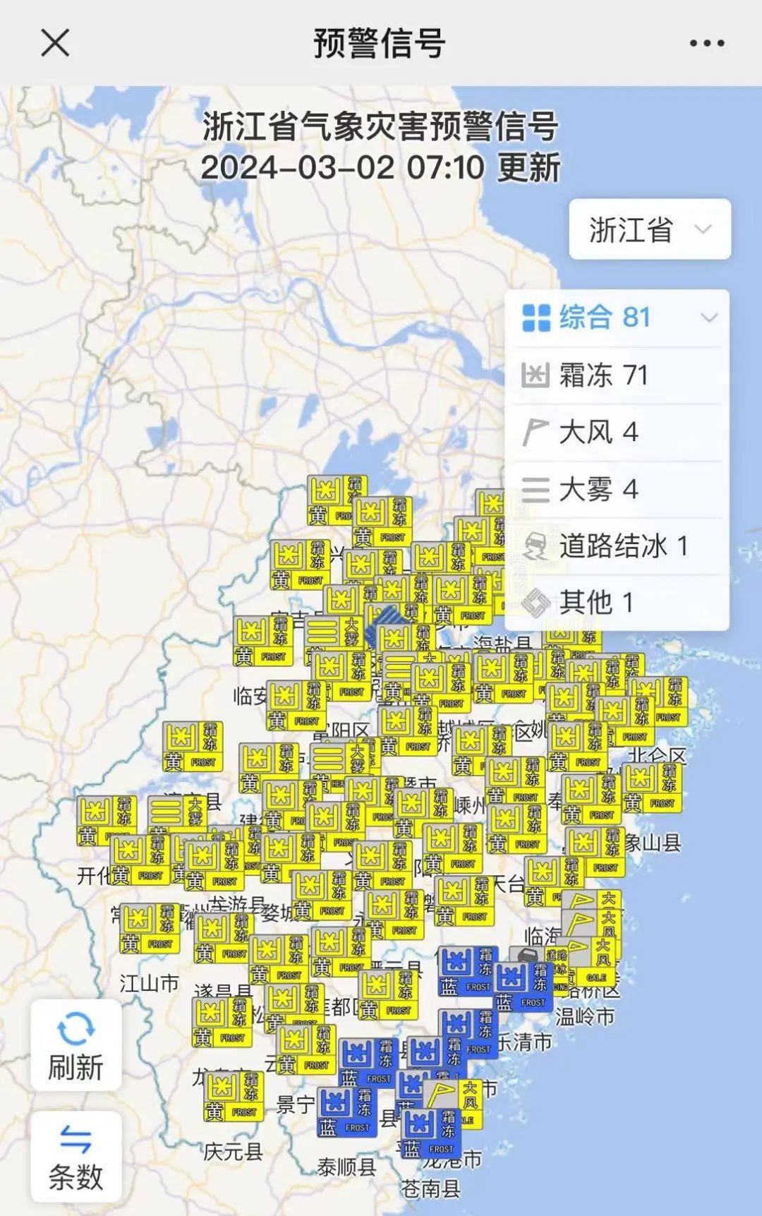 浙江连发71条预警